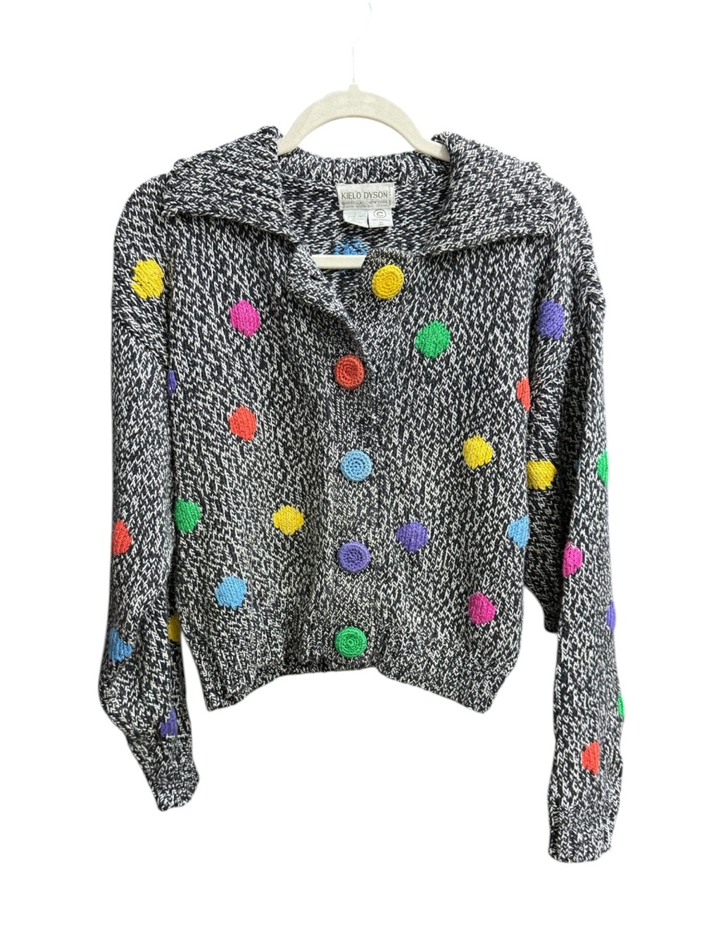 Vintage Black & White Marled Cardigan with Colorful Pom-Poms L/XL